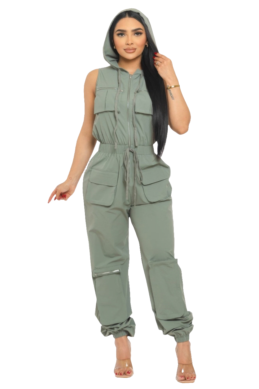 Cargo Jumpsuit with Hoodie & Zipper Front | Breathable Fabric & Relaxed Fit | Sizes S-L