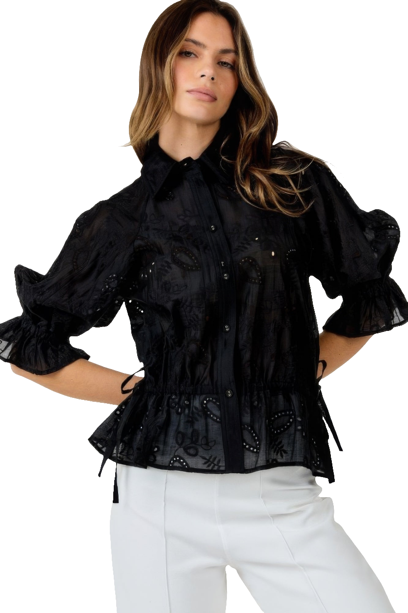 Button-Down Collar Neck Embroidered Top with Subtle Print & Elastic Hem
