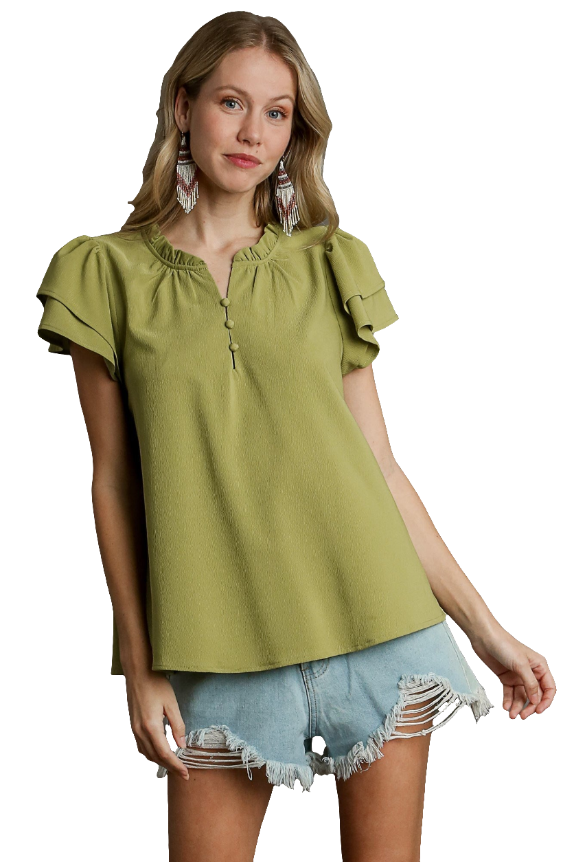Boxy Cut Avocado Top with Button Ruffle Neckline & Layered Sleeves