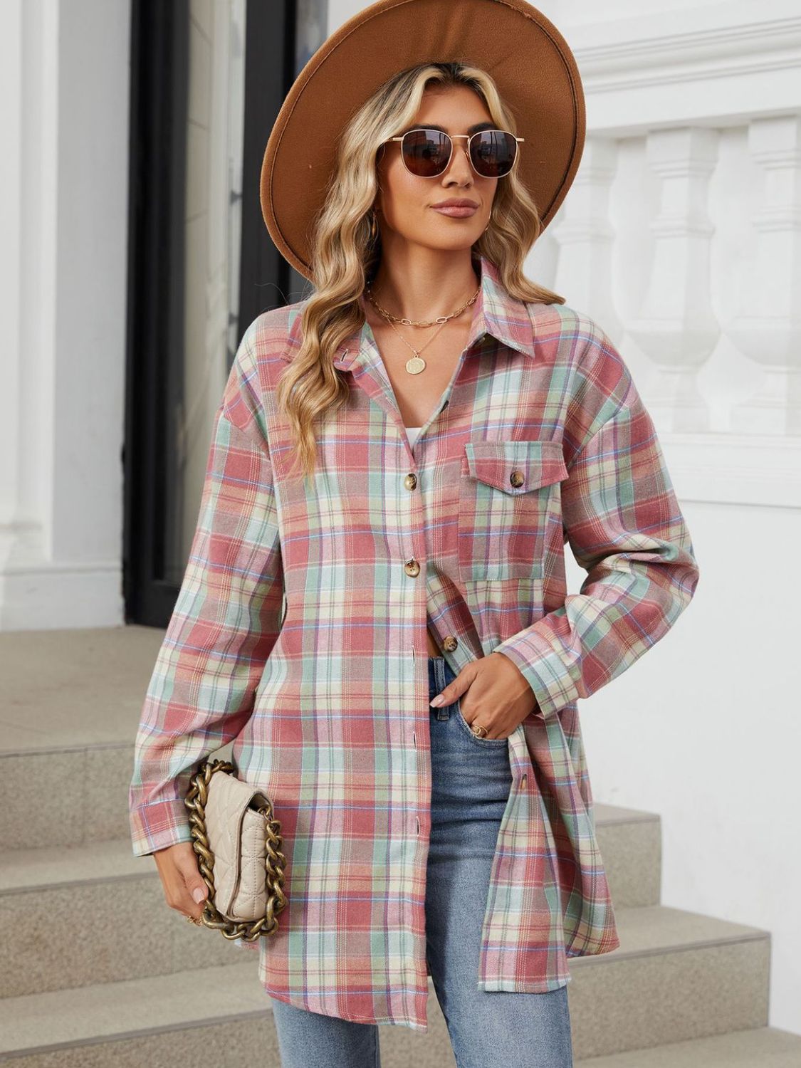 Plaid Long Sleeve Collared Shirt with Pockets - 100% Rayon