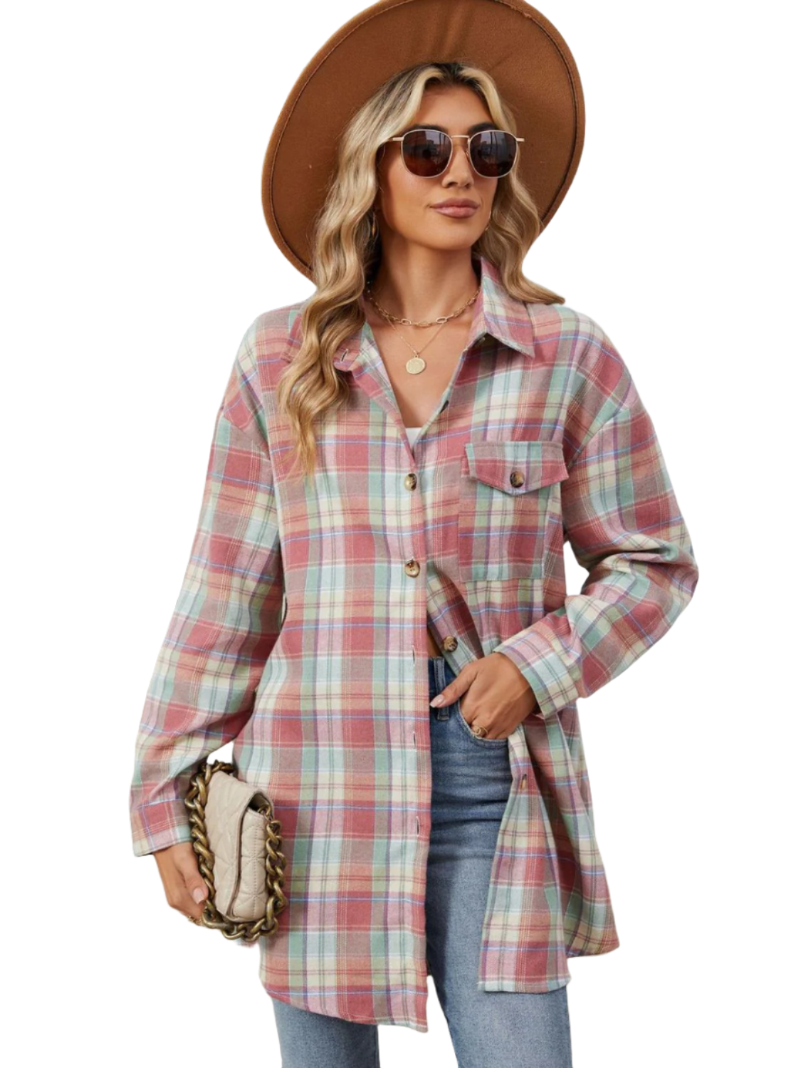 Plaid Long Sleeve Collared Shirt with Pockets - 100% Rayon