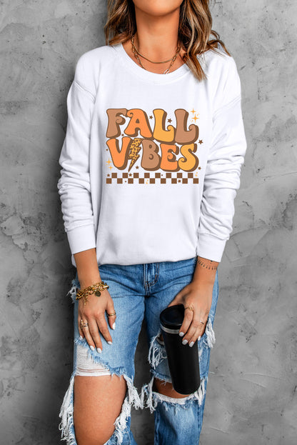 Letter Graphic Round Neck Long Sleeve Sweatshirt with Ribbed Cuffs & Hem