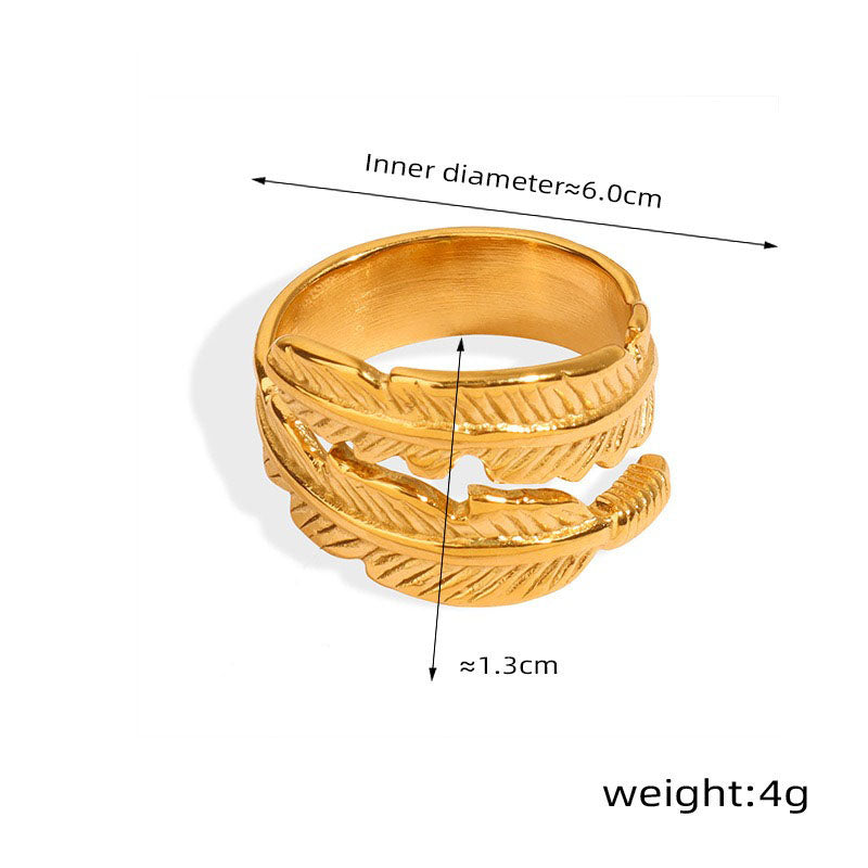 18K Gold Feather Design Ring & Bracelet Set - Light Luxury Style