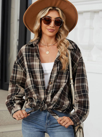 Plaid Long Sleeve Collared Shirt with Pockets - 100% Rayon