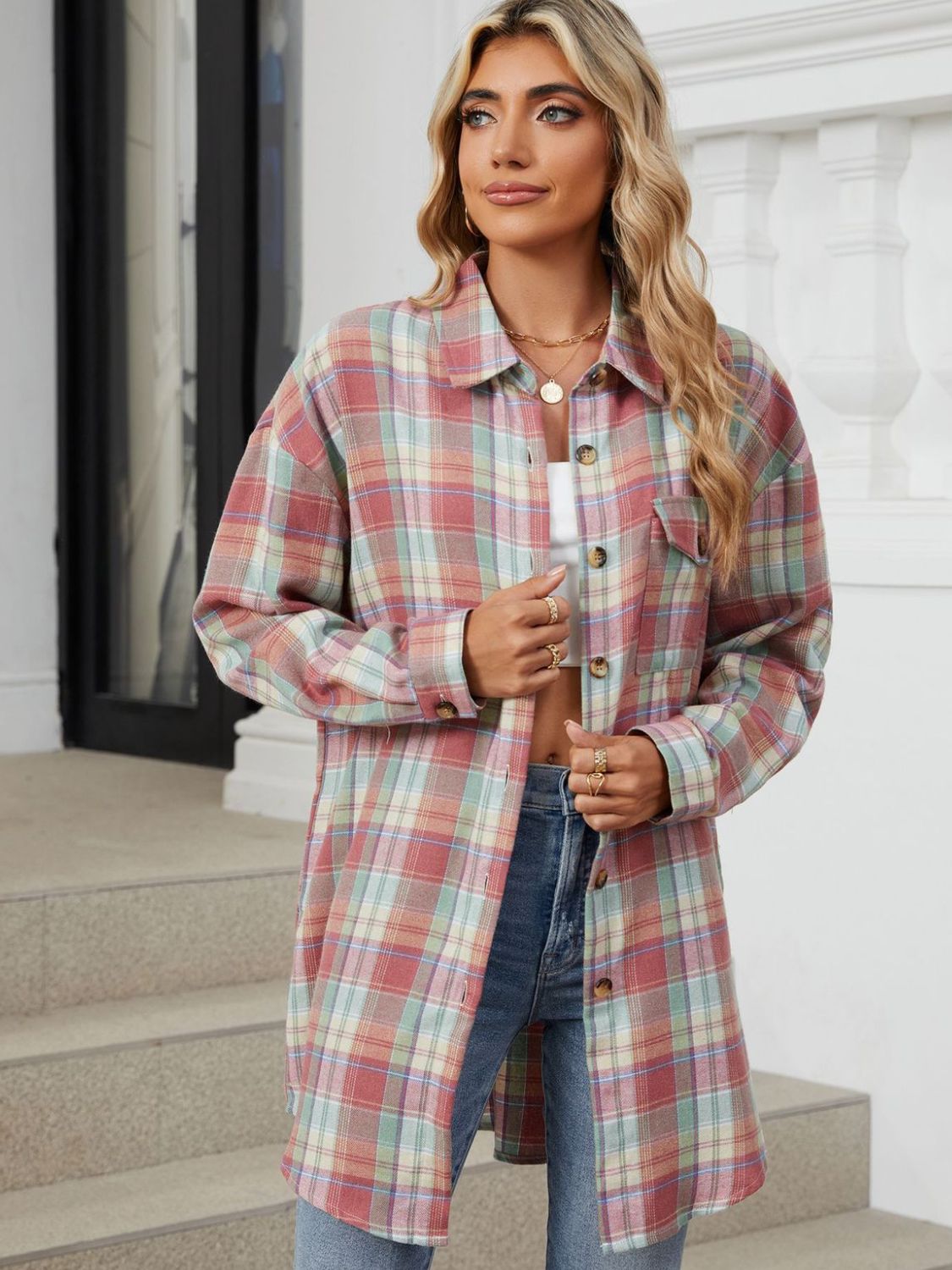 Plaid Long Sleeve Collared Shirt with Pockets - 100% Rayon