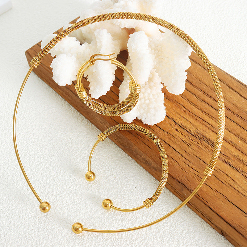 18K Gold Circle Weave Jewelry Set 3 Pieces Light Luxury Earrings Bracelet Necklace Set