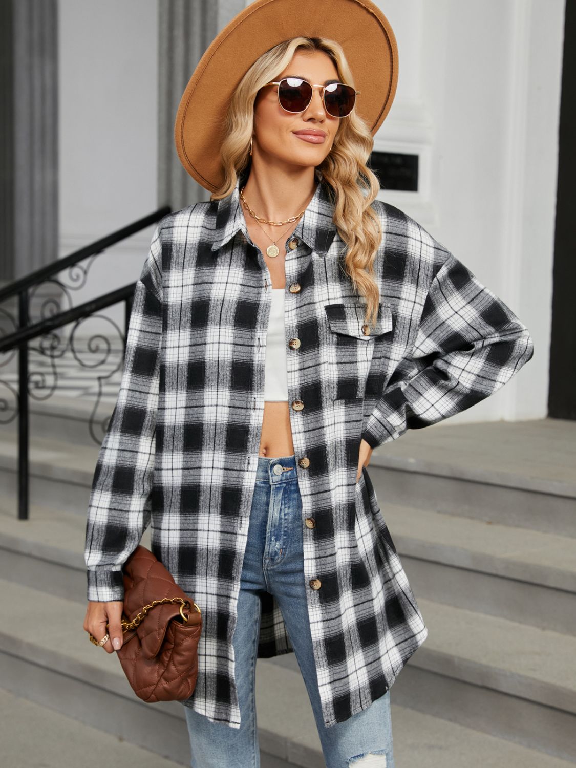 Plaid Long Sleeve Collared Shirt with Pockets - 100% Rayon