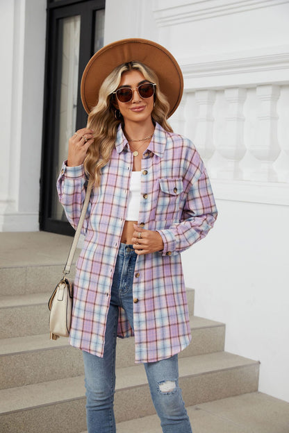 Plaid Long Sleeve Collared Shirt with Pockets - 100% Rayon