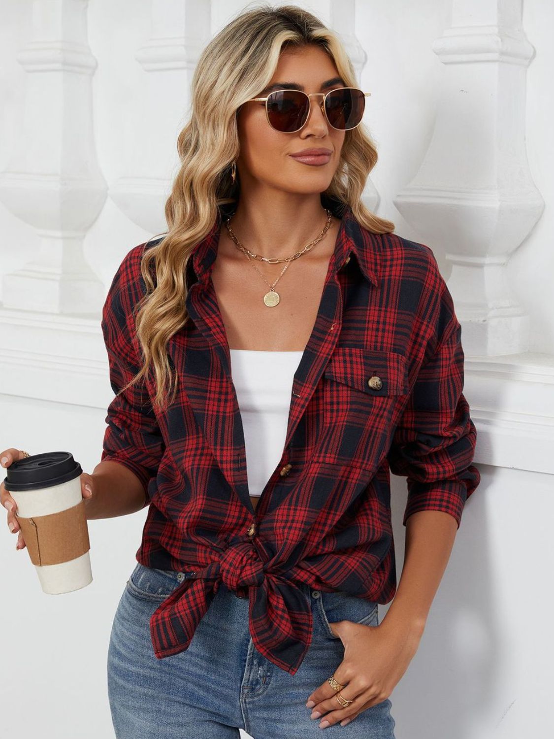 Plaid Long Sleeve Collared Shirt with Pockets - 100% Rayon