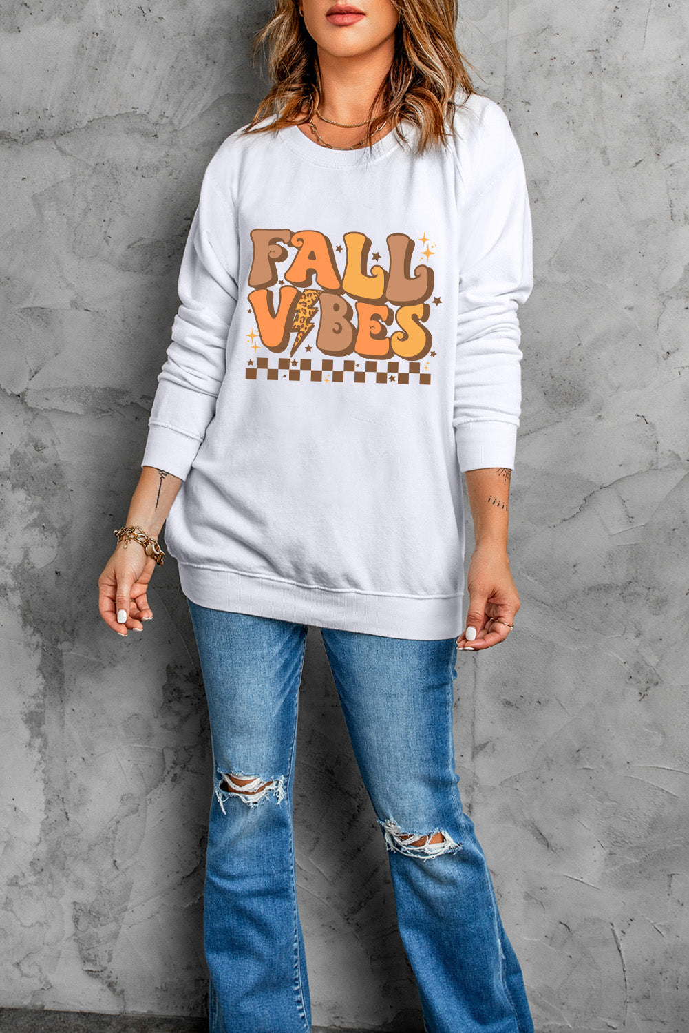 Letter Graphic Round Neck Long Sleeve Sweatshirt with Ribbed Cuffs & Hem