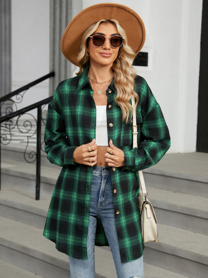 Plaid Long Sleeve Collared Shirt with Pockets - 100% Rayon