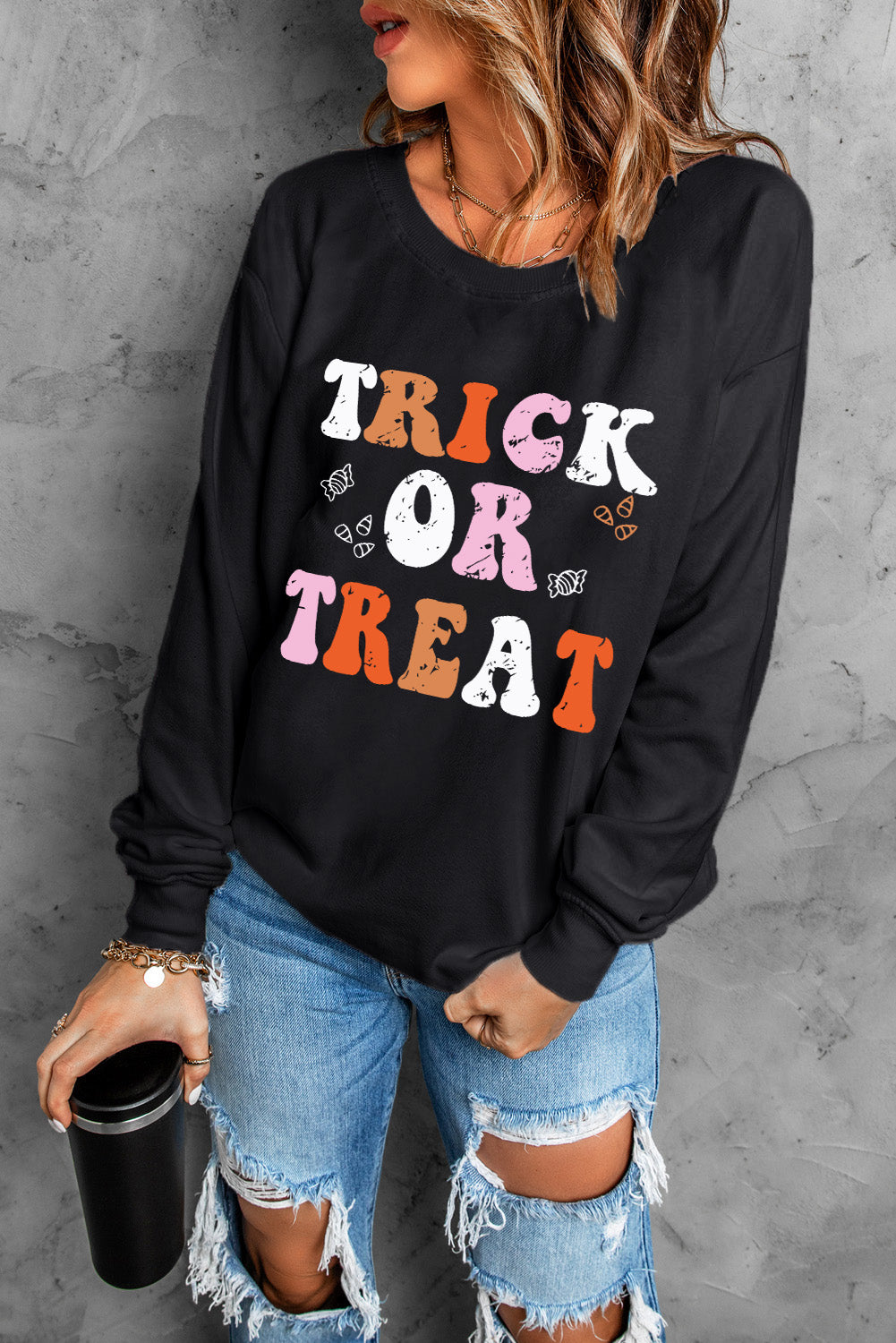 Letter Graphic Round Neck Long Sleeve Sweatshirt with Opaque Sheerness