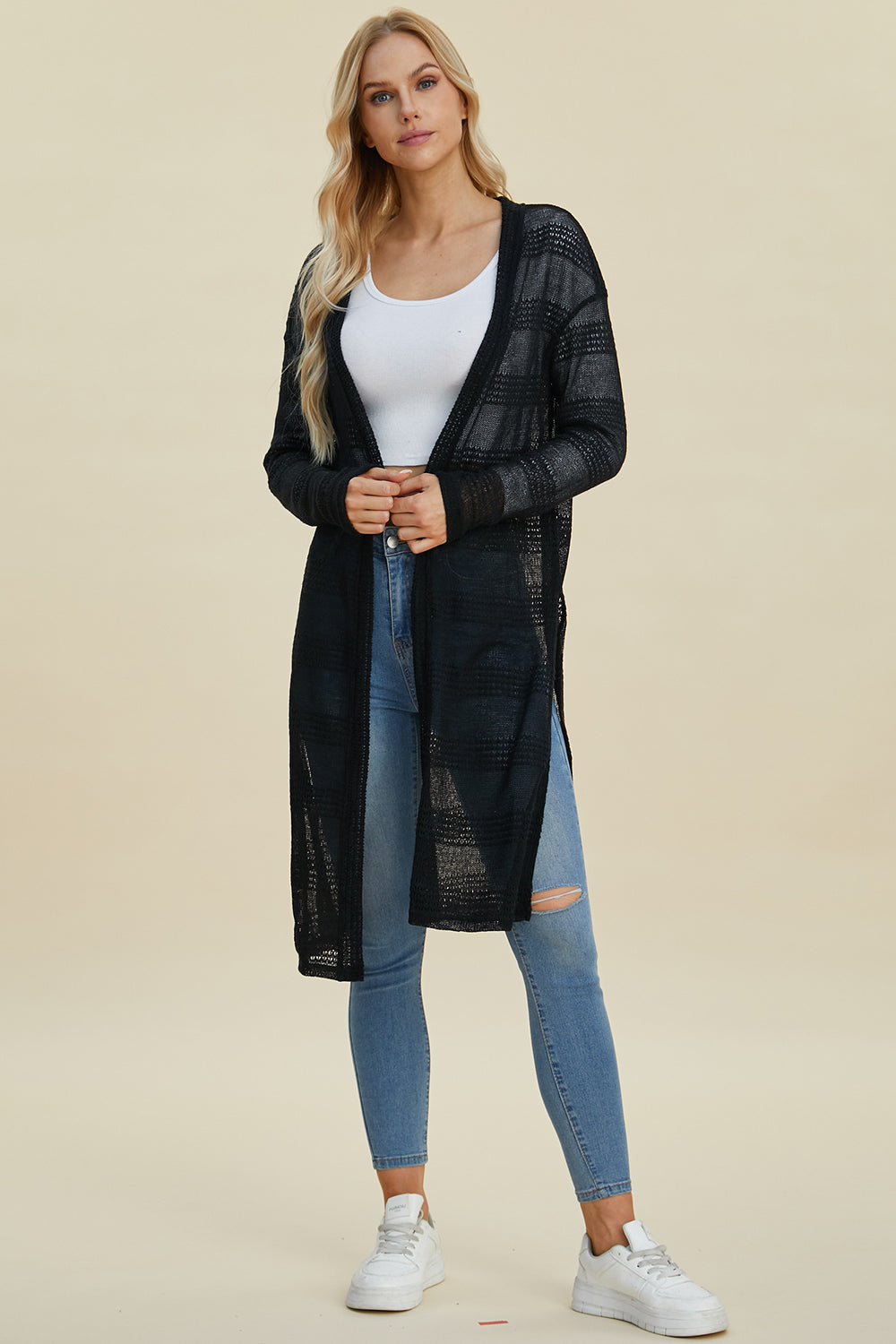 Double Take Open Front Longline Cardigan with Full Size Fit