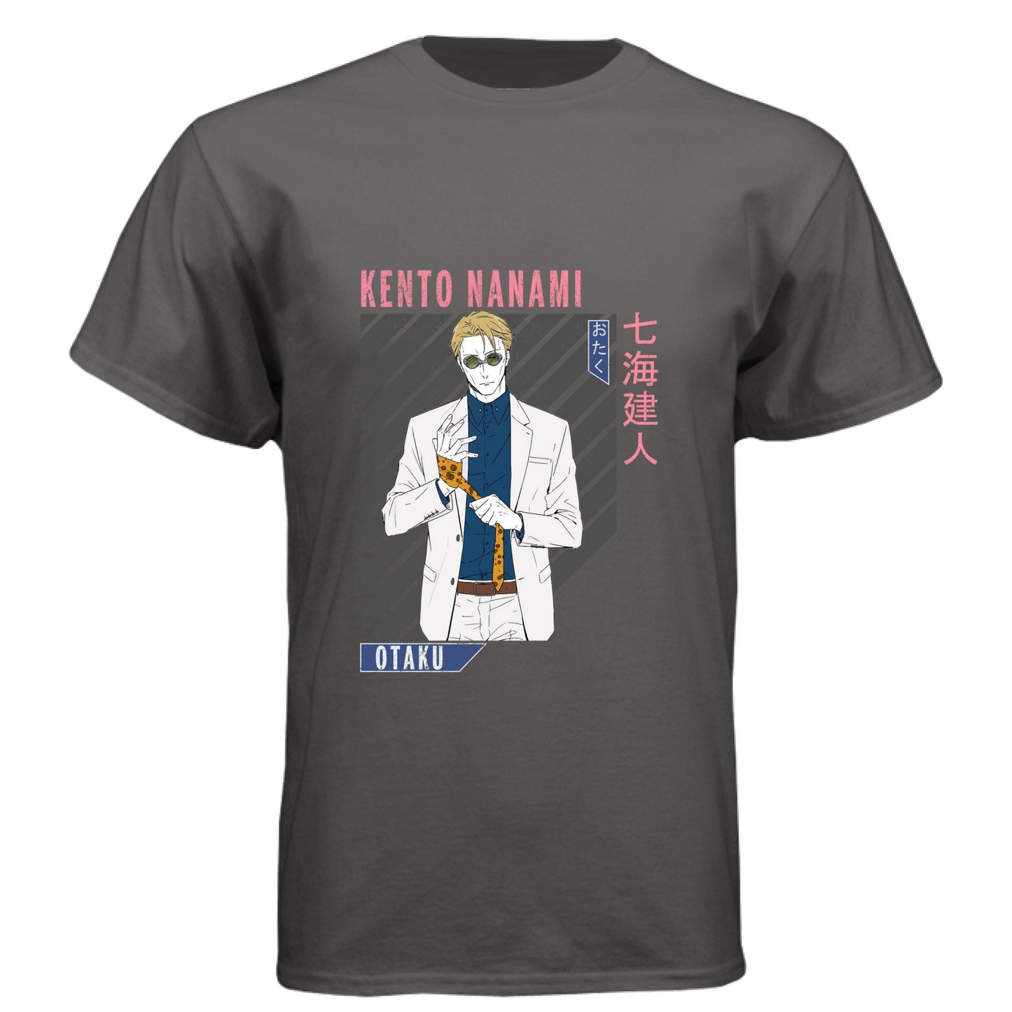 Jujutsu Kaisen Kento Nanami anime t-shirt featuring retro portrait design with pink text and diagonal stripes on black unisex triblend fabric
