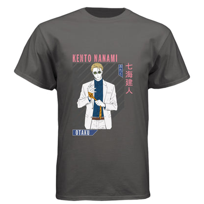 Jujutsu Kaisen Kento Nanami anime t-shirt featuring retro portrait design with pink text and diagonal stripes on black unisex triblend fabric
