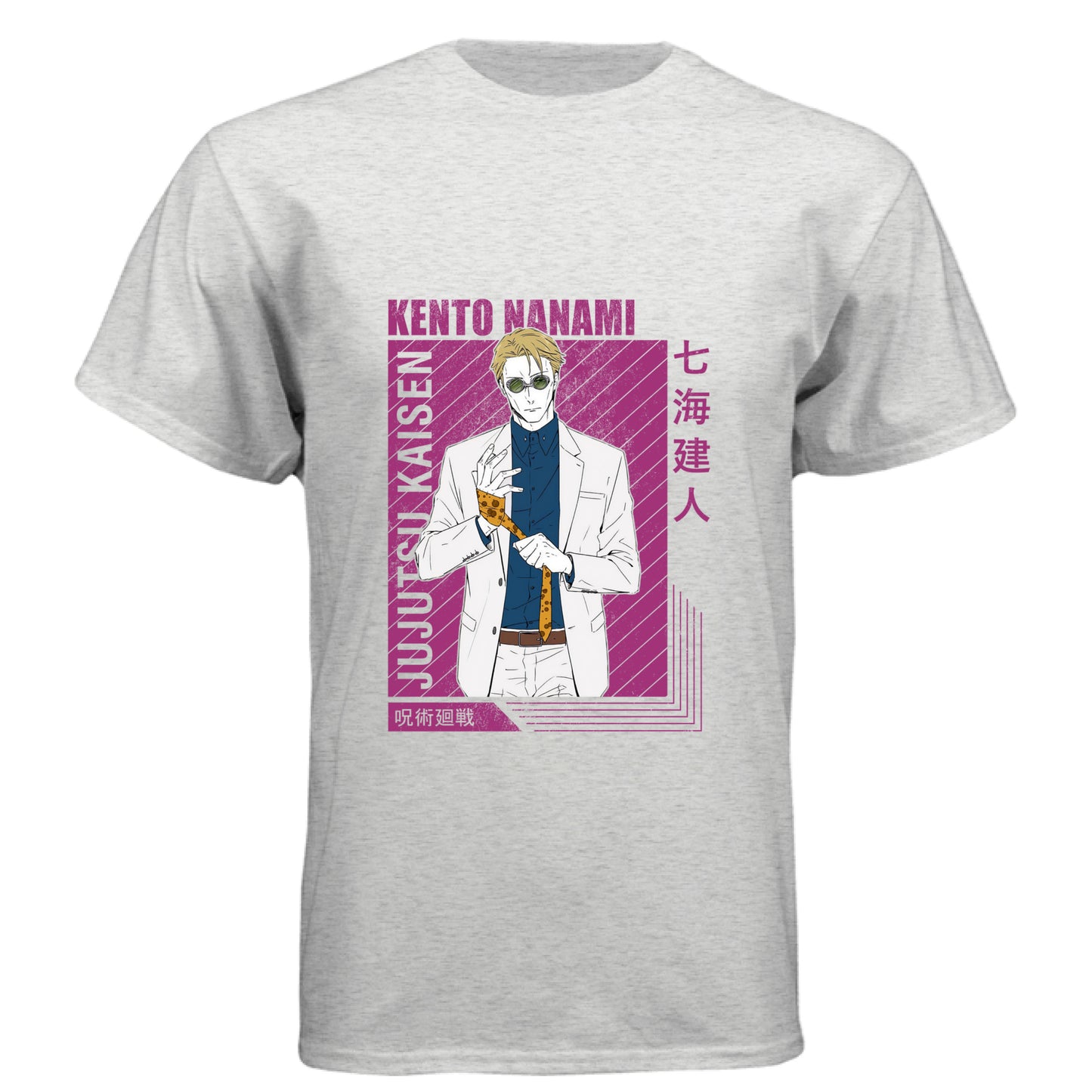 Jujutsu Kaisen Kento Nanami anime t-shirt featuring purple framed portrait design with magenta text and diagonal stripes on black unisex triblend fabric
