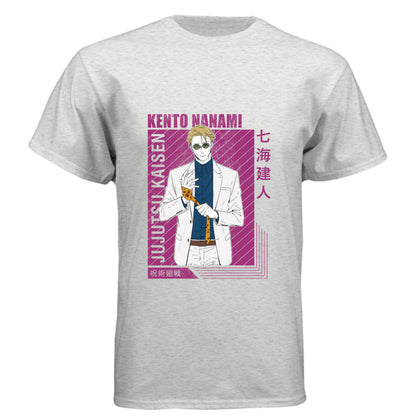 Jujutsu Kaisen Kento Nanami anime t-shirt featuring purple framed portrait design with magenta text and diagonal stripes on black unisex triblend fabric
