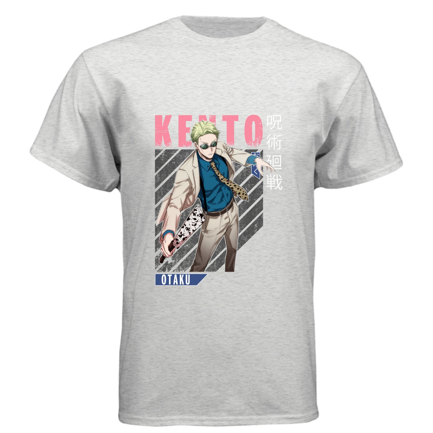 Jujutsu Kaisen Kento Nanami anime t-shirt featuring dynamic action portrait with pink text and diagonal stripes on black unisex triblend fabric
