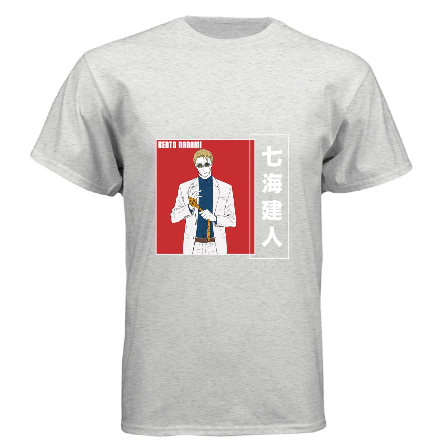 Jujutsu Kaisen Kento Nanami anime t-shirt featuring red vertical text Japanese design on unisex triblend fabric

