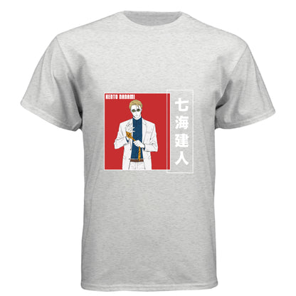 Jujutsu Kaisen Kento Nanami anime t-shirt featuring red vertical text Japanese design on unisex triblend fabric
