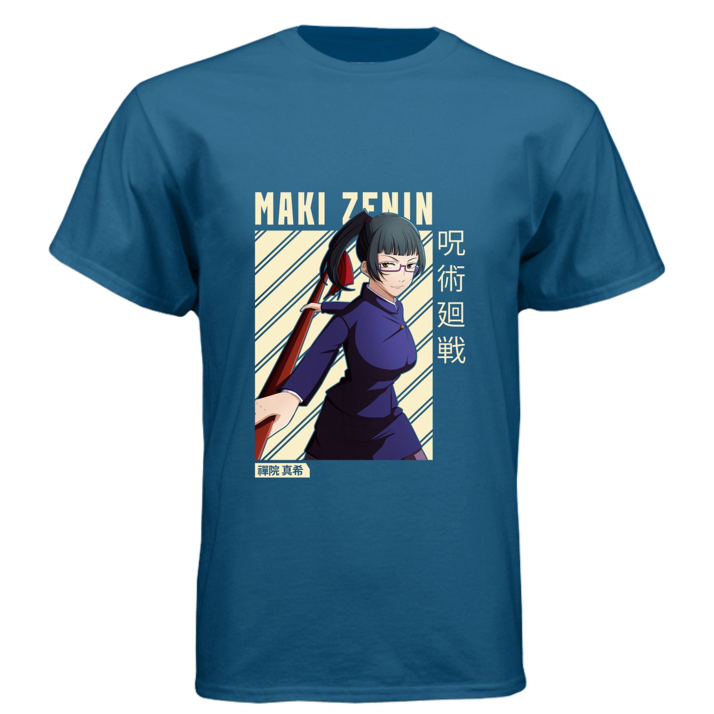 Jujutsu Kaisen Maki Zenin anime t-shirt featuring diagonal stripe design with beige text and Japanese characters on unisex triblend fabric
