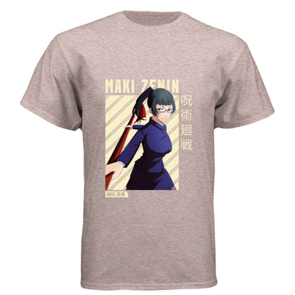 Jujutsu Kaisen Maki Zenin T-Shirt - Beige Diagonal Stripe Design | Premium Unisex Triblend Tee