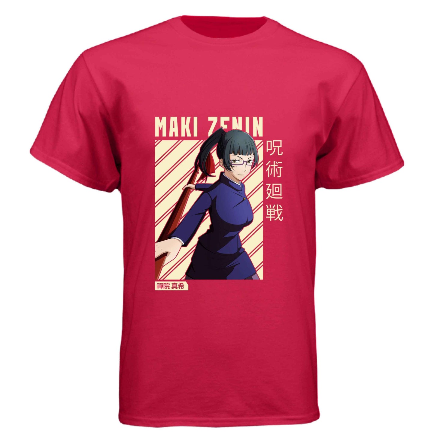 Jujutsu Kaisen Maki Zenin T-Shirt - Beige Diagonal Stripe Design | Premium Unisex Triblend Tee