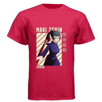 Jujutsu Kaisen Maki Zenin T-Shirt - Beige Diagonal Stripe Design | Premium Unisex Triblend Tee
