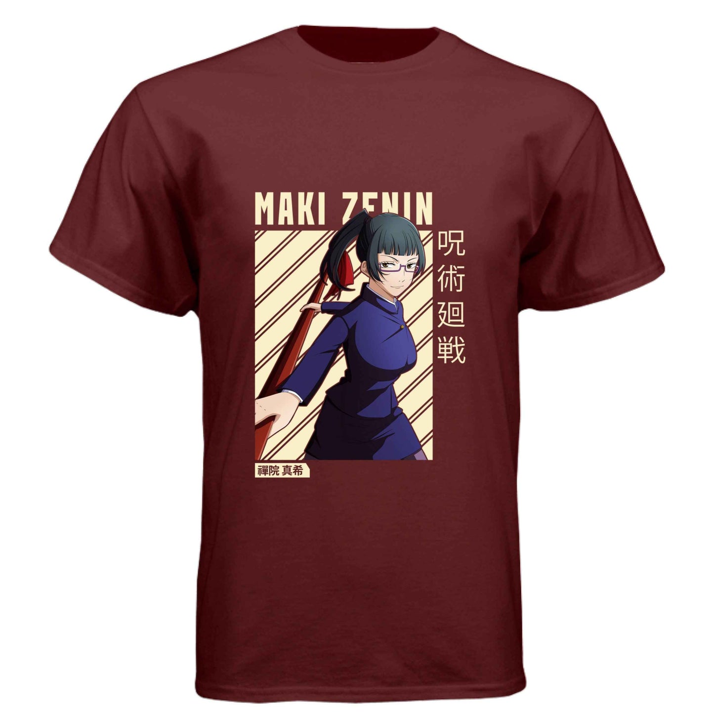 Jujutsu Kaisen Maki Zenin T-Shirt - Beige Diagonal Stripe Design | Premium Unisex Triblend Tee