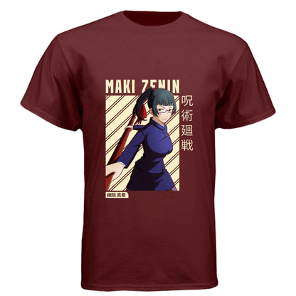 Jujutsu Kaisen Maki Zenin T-Shirt - Beige Diagonal Stripe Design | Premium Unisex Triblend Tee