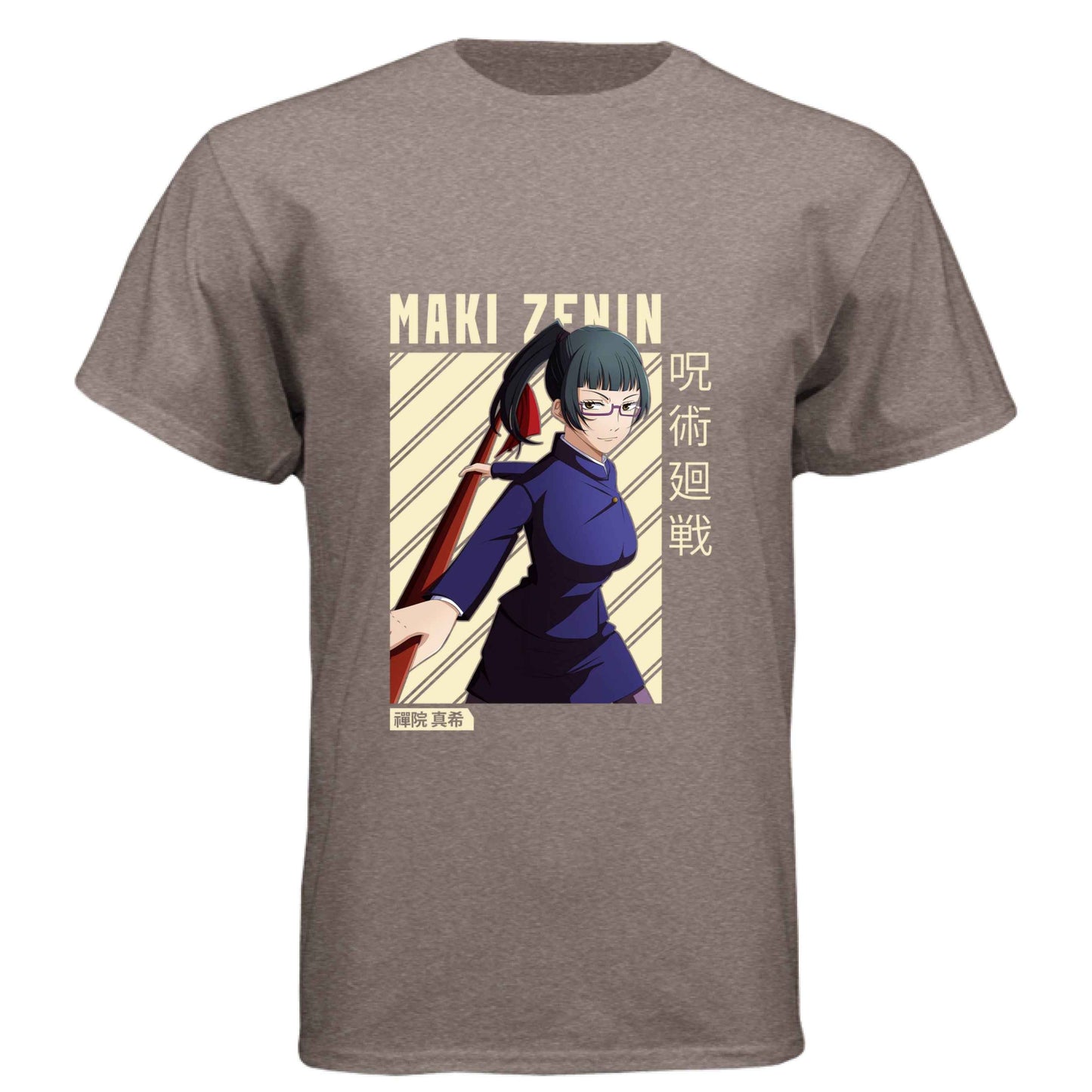 Jujutsu Kaisen Maki Zenin T-Shirt - Beige Diagonal Stripe Design | Premium Unisex Triblend Tee