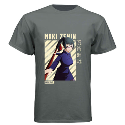 Jujutsu Kaisen Maki Zenin T-Shirt - Beige Diagonal Stripe Design | Premium Unisex Triblend Tee