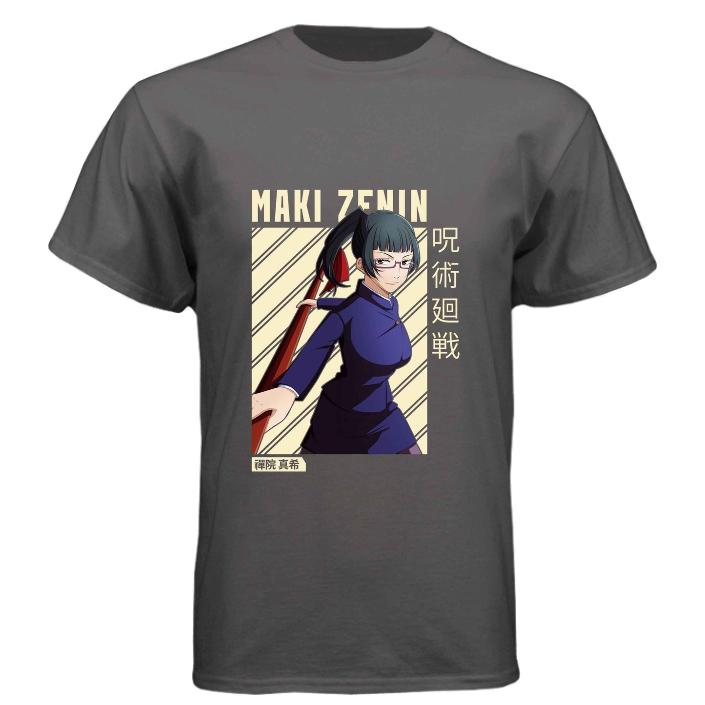 Jujutsu Kaisen Maki Zenin T-Shirt - Beige Diagonal Stripe Design | Premium Unisex Triblend Tee