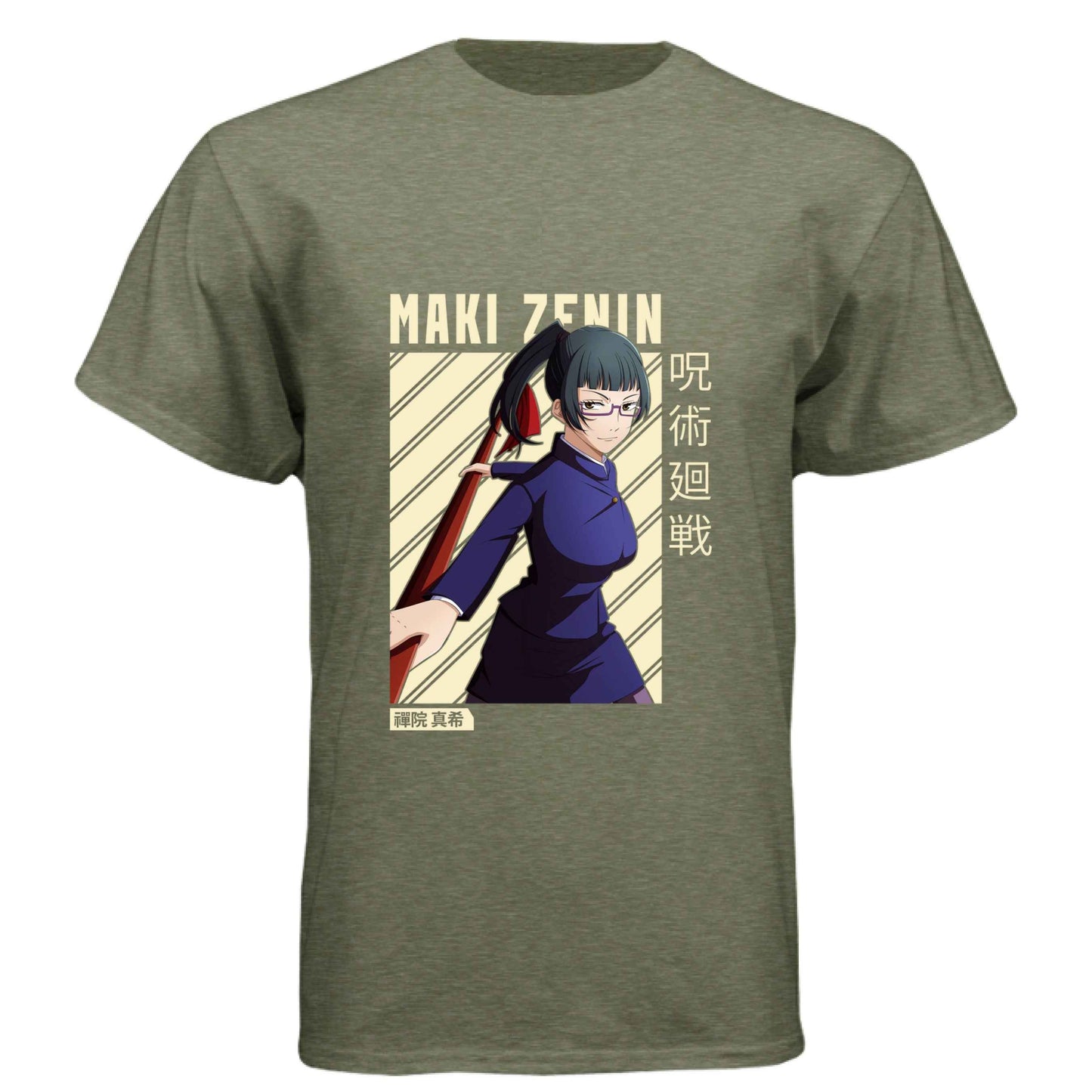 Jujutsu Kaisen Maki Zenin T-Shirt - Beige Diagonal Stripe Design | Premium Unisex Triblend Tee