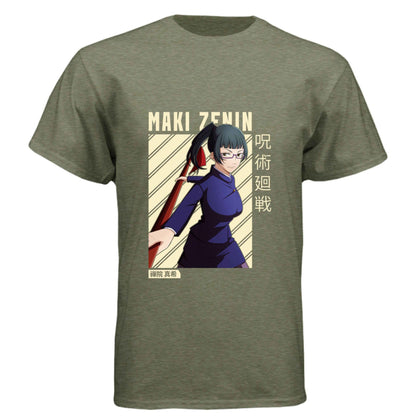 Jujutsu Kaisen Maki Zenin T-Shirt - Beige Diagonal Stripe Design | Premium Unisex Triblend Tee