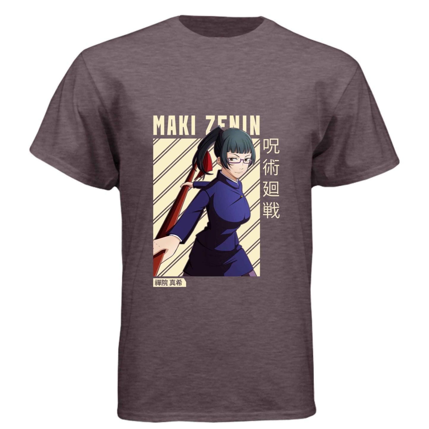 Jujutsu Kaisen Maki Zenin T-Shirt - Beige Diagonal Stripe Design | Premium Unisex Triblend Tee