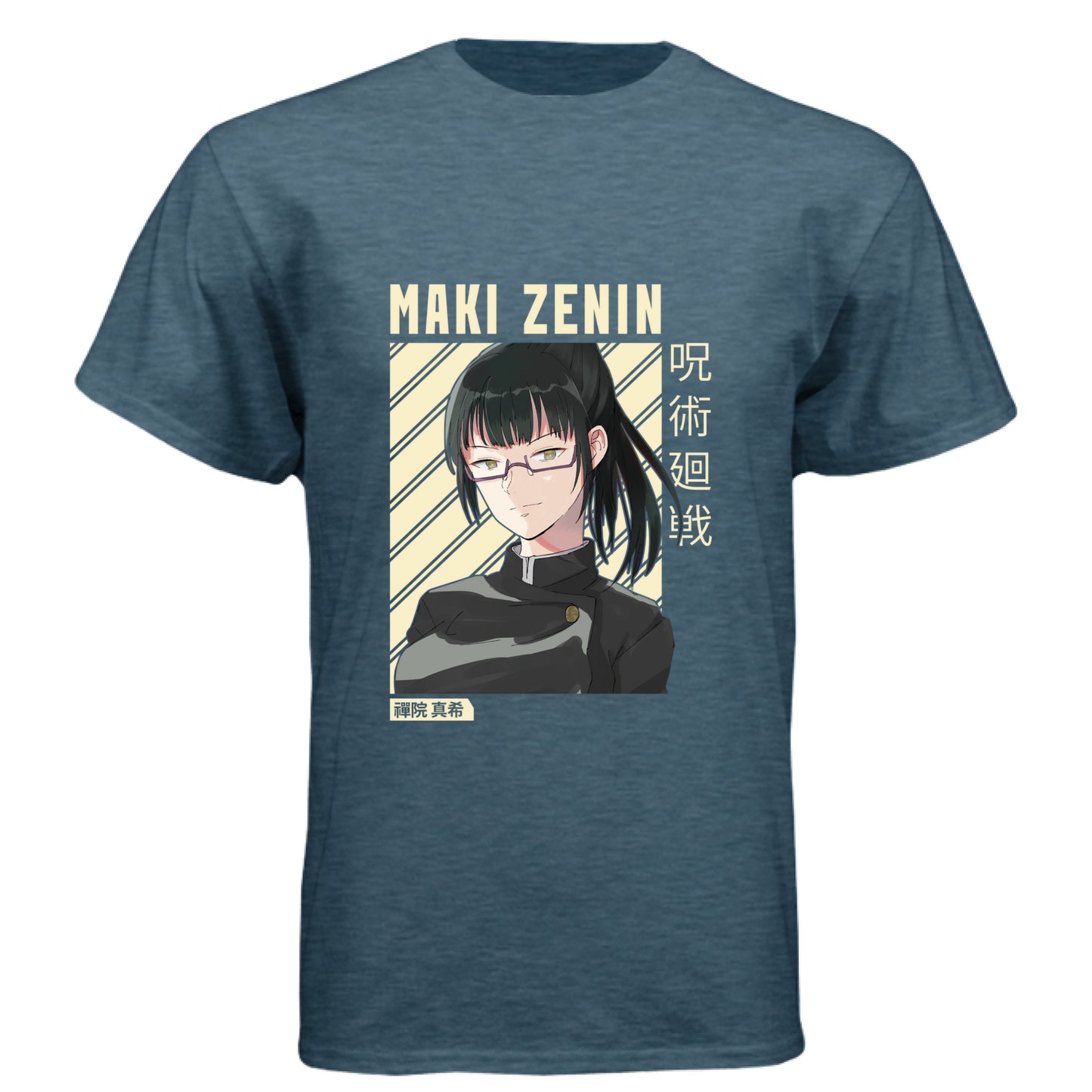 Jujutsu Kaisen Maki Zenin anime t-shirt featuring beige portrait design with diagonal stripes on unisex triblend fabric
