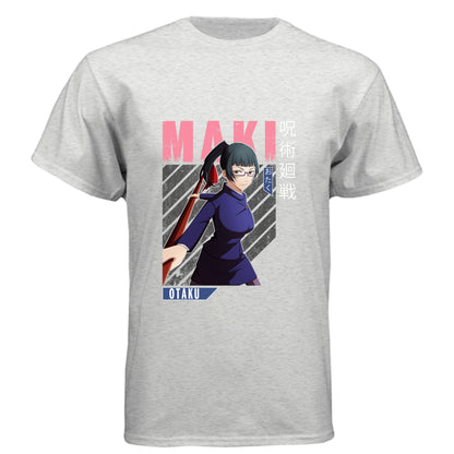 Jujutsu Kaisen Maki Zenin anime t-shirt featuring pink action portrait design with diagonal stripes on unisex triblend fabric
