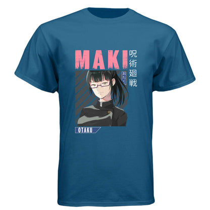 Jujutsu Kaisen Maki Zenin T-Shirt - Pink Distressed Text Portrait Design | Premium Unisex Triblend Tee
