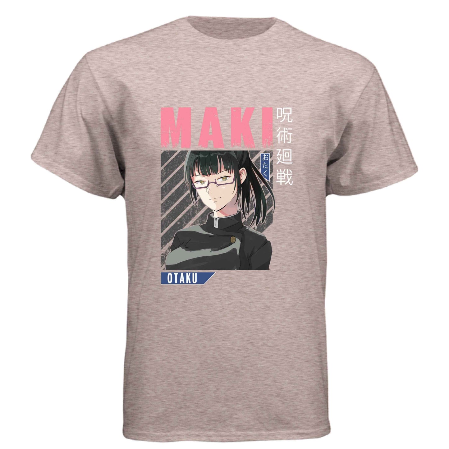 Jujutsu Kaisen Maki Zenin T-Shirt - Pink Distressed Text Portrait Design | Premium Unisex Triblend Tee