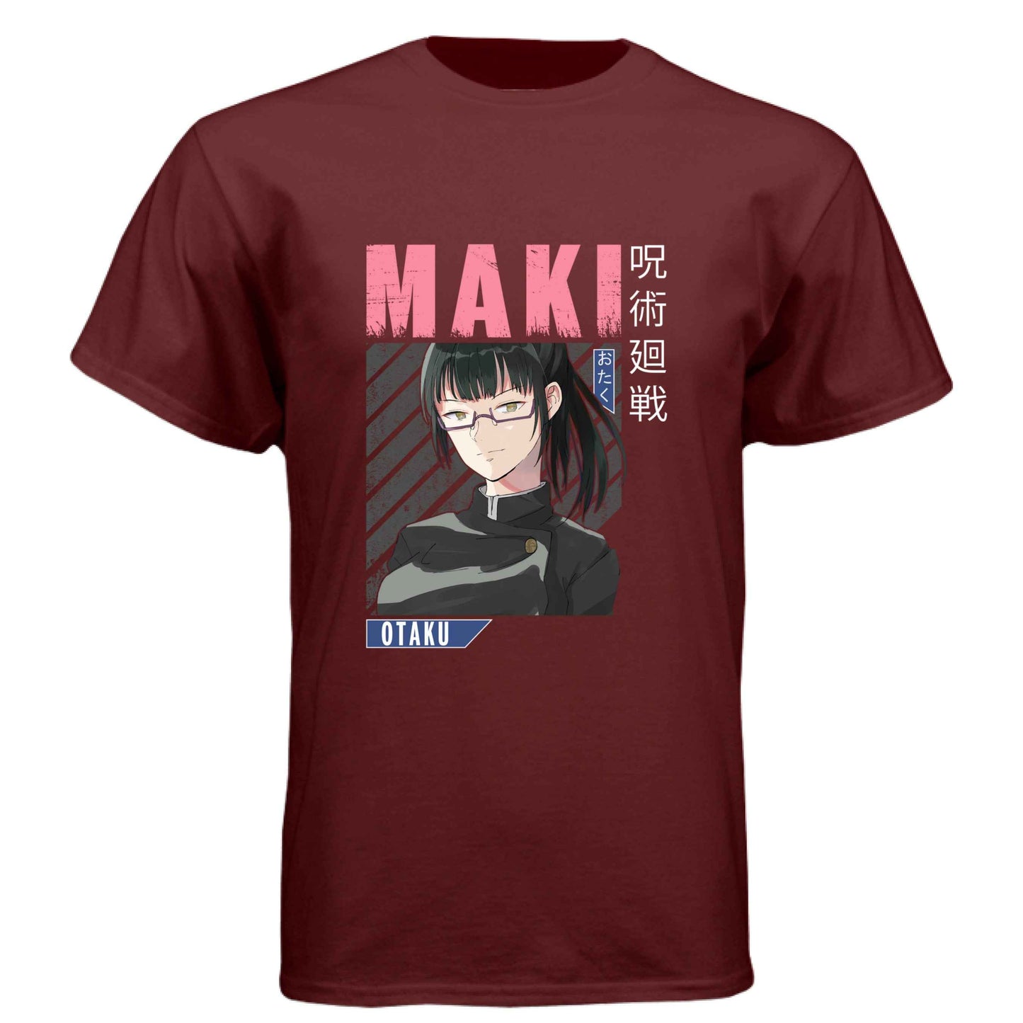 Jujutsu Kaisen Maki Zenin T-Shirt - Pink Distressed Text Portrait Design | Premium Unisex Triblend Tee