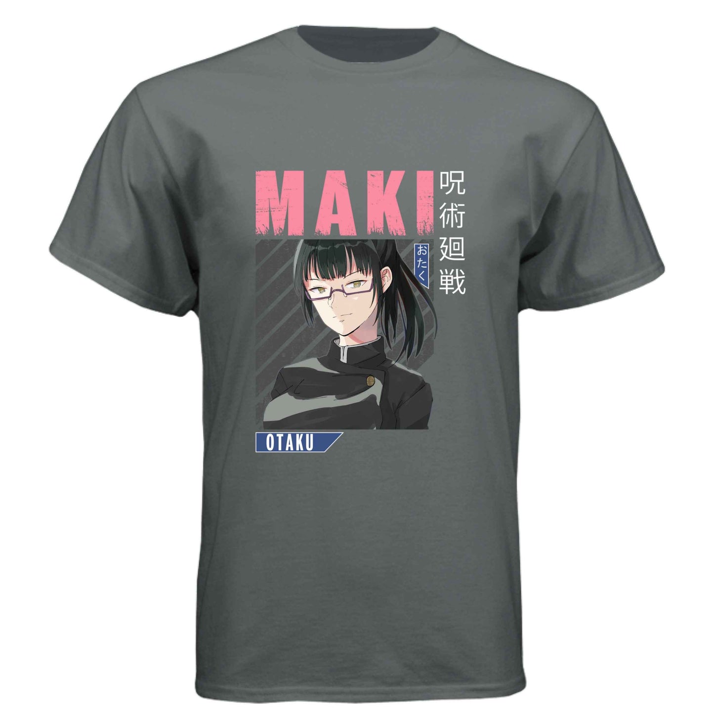 Jujutsu Kaisen Maki Zenin T-Shirt - Pink Distressed Text Portrait Design | Premium Unisex Triblend Tee