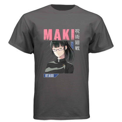 Jujutsu Kaisen Maki Zenin T-Shirt - Pink Distressed Text Portrait Design | Premium Unisex Triblend Tee