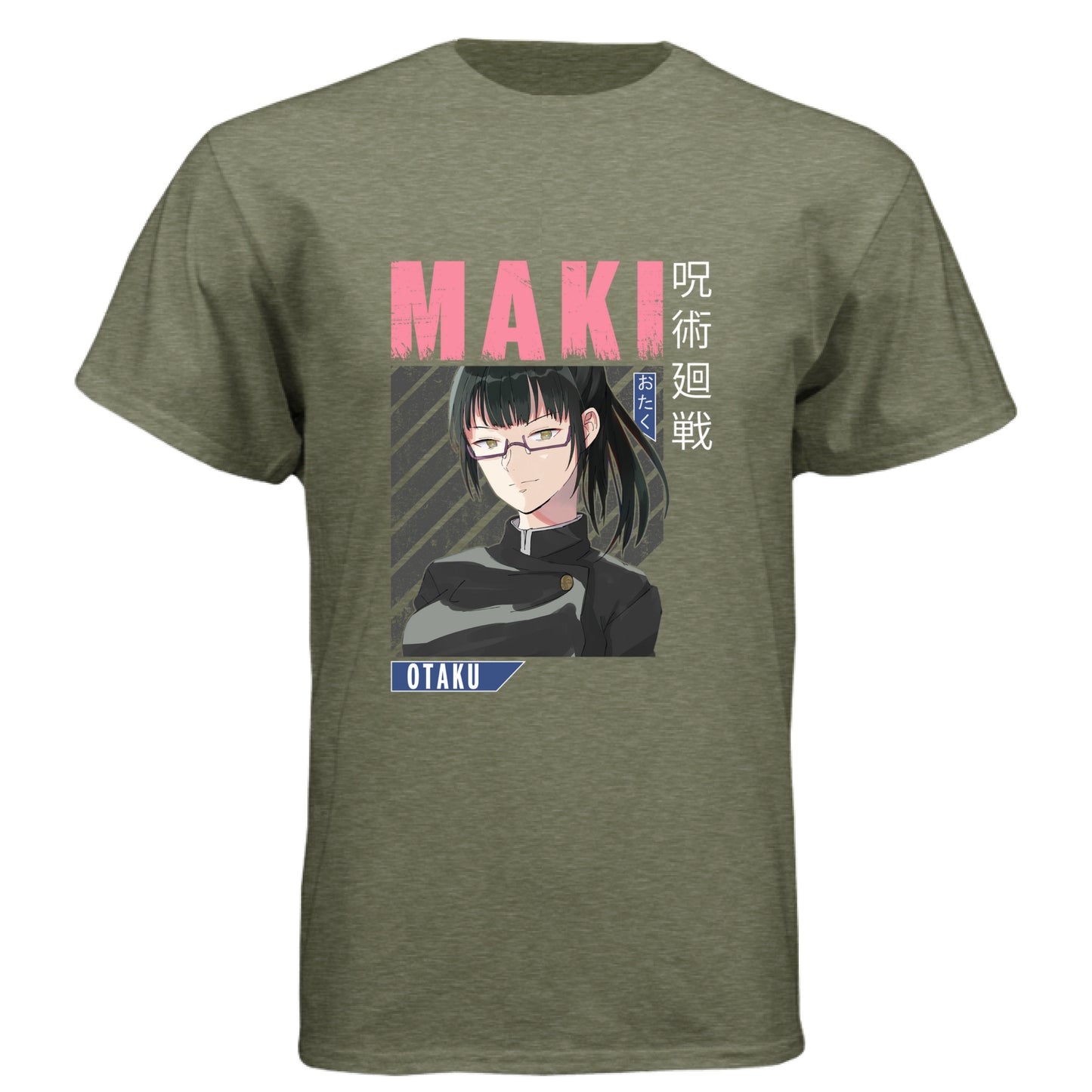 Jujutsu Kaisen Maki Zenin anime t-shirt featuring distressed pink text and portrait design on unisex triblend fabric
