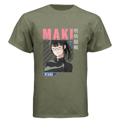 Jujutsu Kaisen Maki Zenin anime t-shirt featuring distressed pink text and portrait design on unisex triblend fabric
