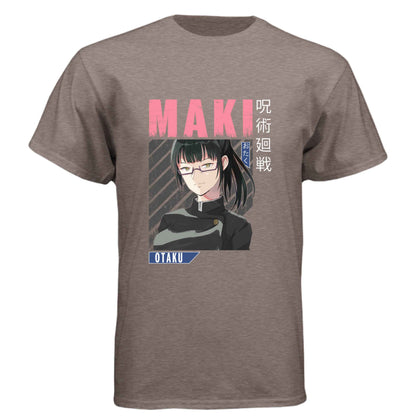Jujutsu Kaisen Maki Zenin T-Shirt - Pink Distressed Text Portrait Design | Premium Unisex Triblend Tee