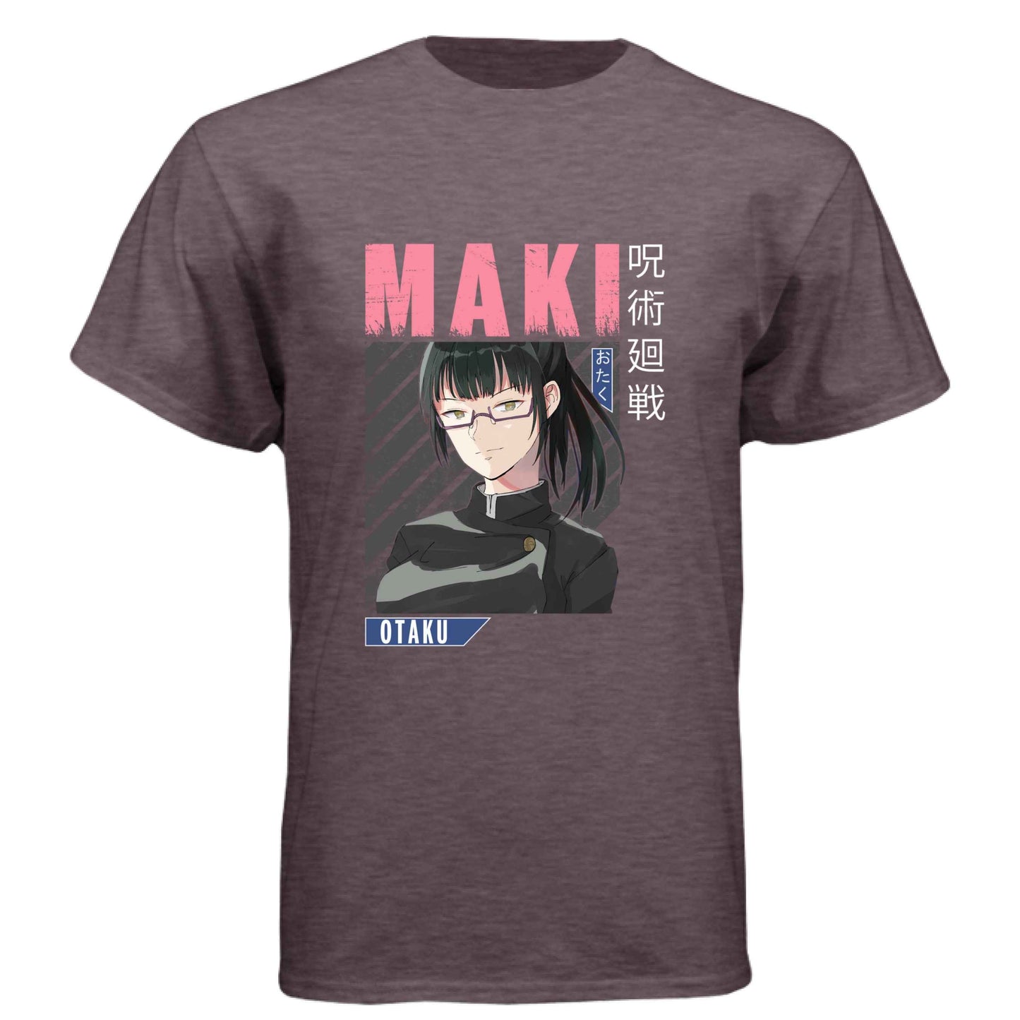 Jujutsu Kaisen Maki Zenin T-Shirt - Pink Distressed Text Portrait Design | Premium Unisex Triblend Tee