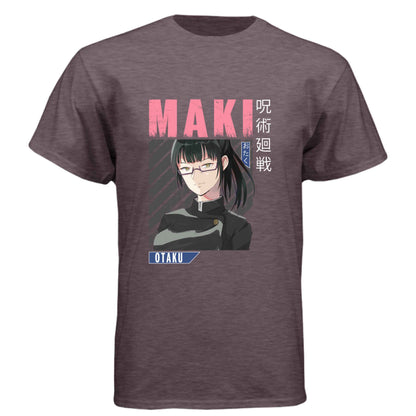 Jujutsu Kaisen Maki Zenin T-Shirt - Pink Distressed Text Portrait Design | Premium Unisex Triblend Tee