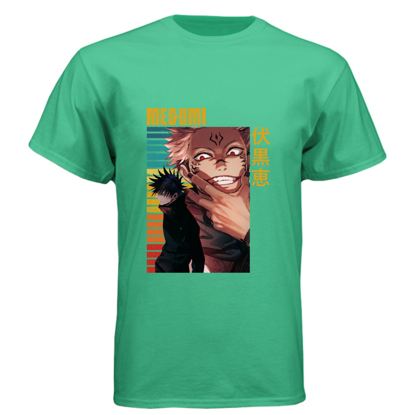 ENVY - FRONT Jujutsu Kaisen Megumi Fushiguro and Sukuna anime t-shirt featuring rainbow gradient split possession portrait design on unisex triblend fabric
