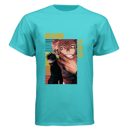 Tahiti Blue - FRONT Jujutsu Kaisen Megumi Fushiguro and Sukuna anime t-shirt featuring rainbow gradient split possession portrait design on unisex triblend fabric
